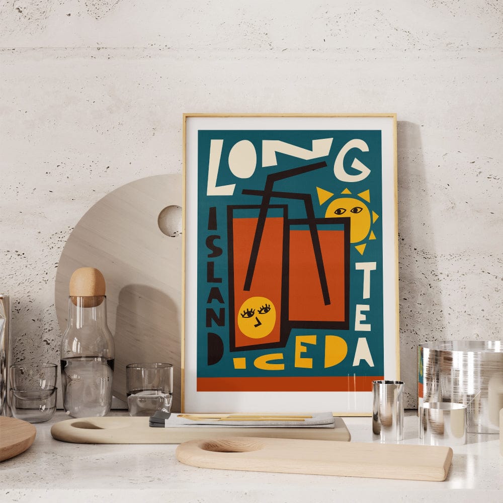 Long Island Iced Tea print framed on a kitchen shelf with glassware and stone texture, adding a retro cocktail vibe.