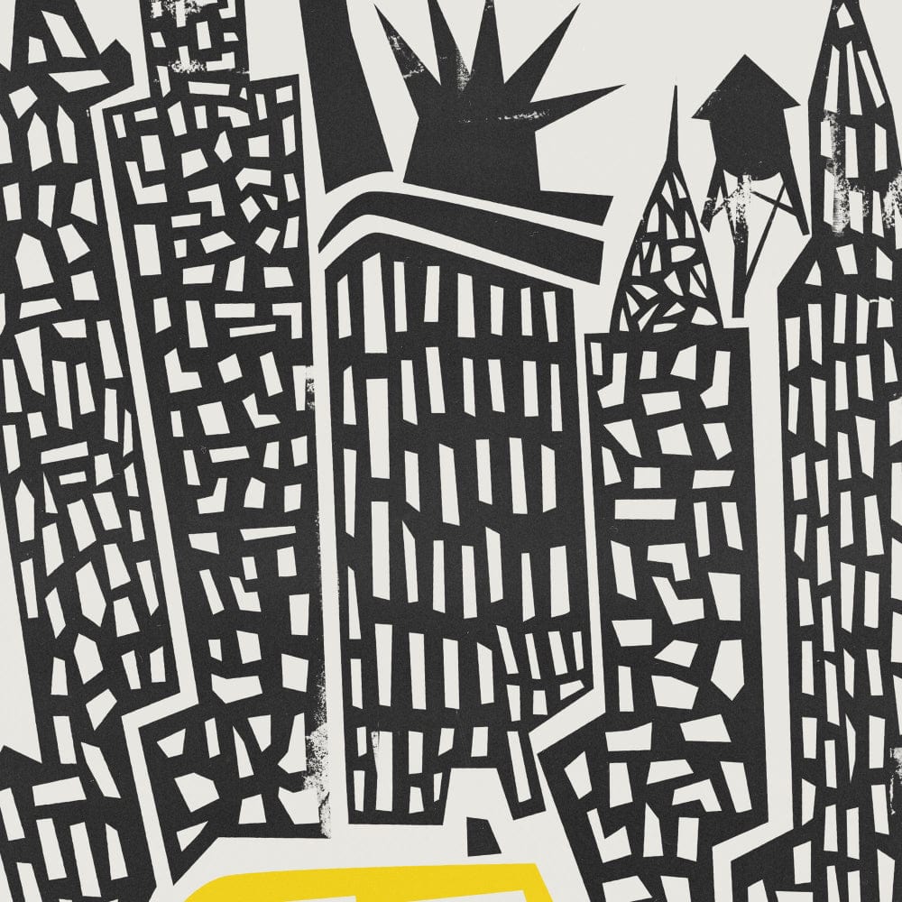 Close-up of the NYC print showing intricate building patterns and the yellow taxi nestled beneath the Statue of Liberty and Empire State Building.