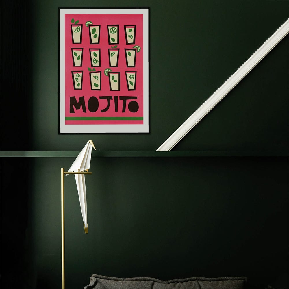 Mojito poster dramatically lit on a dark green wall with angled lighting, creating contrast and a cool bar-like atmosphere.