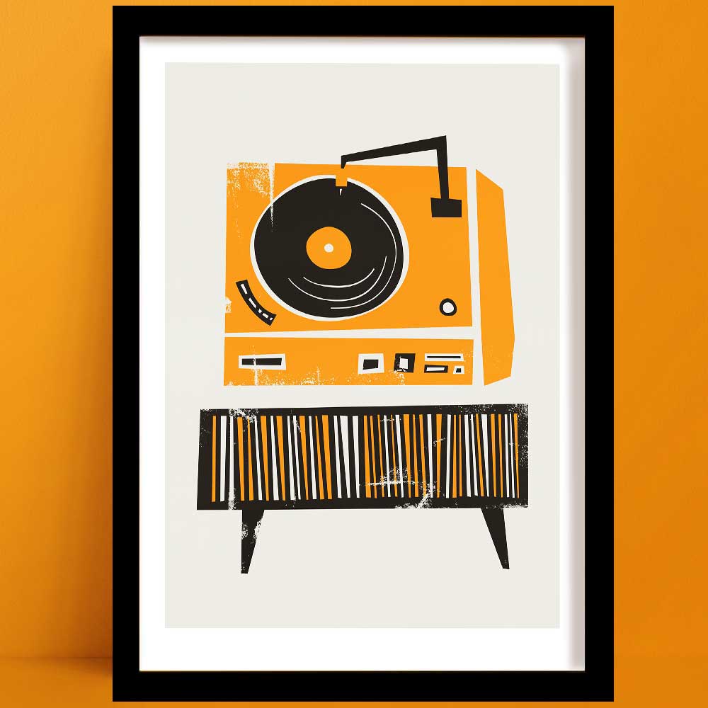 A Record Deck Print in a Mid-century inspired illustration style, of a classic orange record player above a stylised black vinyl storage cabinet, set against a neutral background in a black frame.