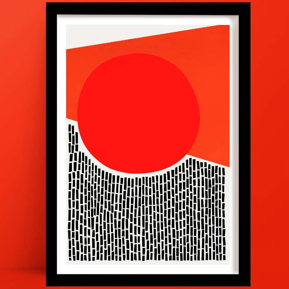A Rain And Sun Abstract Print with a minimalist style, featuring a large, vibrant red circle cutting into a backdrop of abstract black-and-white tile-like strokes, evoking sunrise over cityscape.
