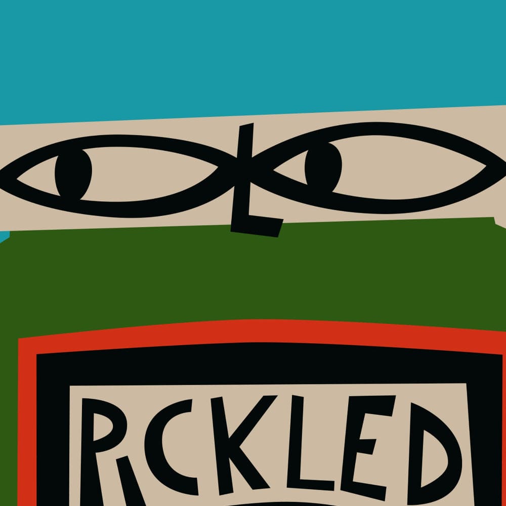 Close-up of jar label showing stylised eyes and hand-drawn “Pickled Gherkins” text.