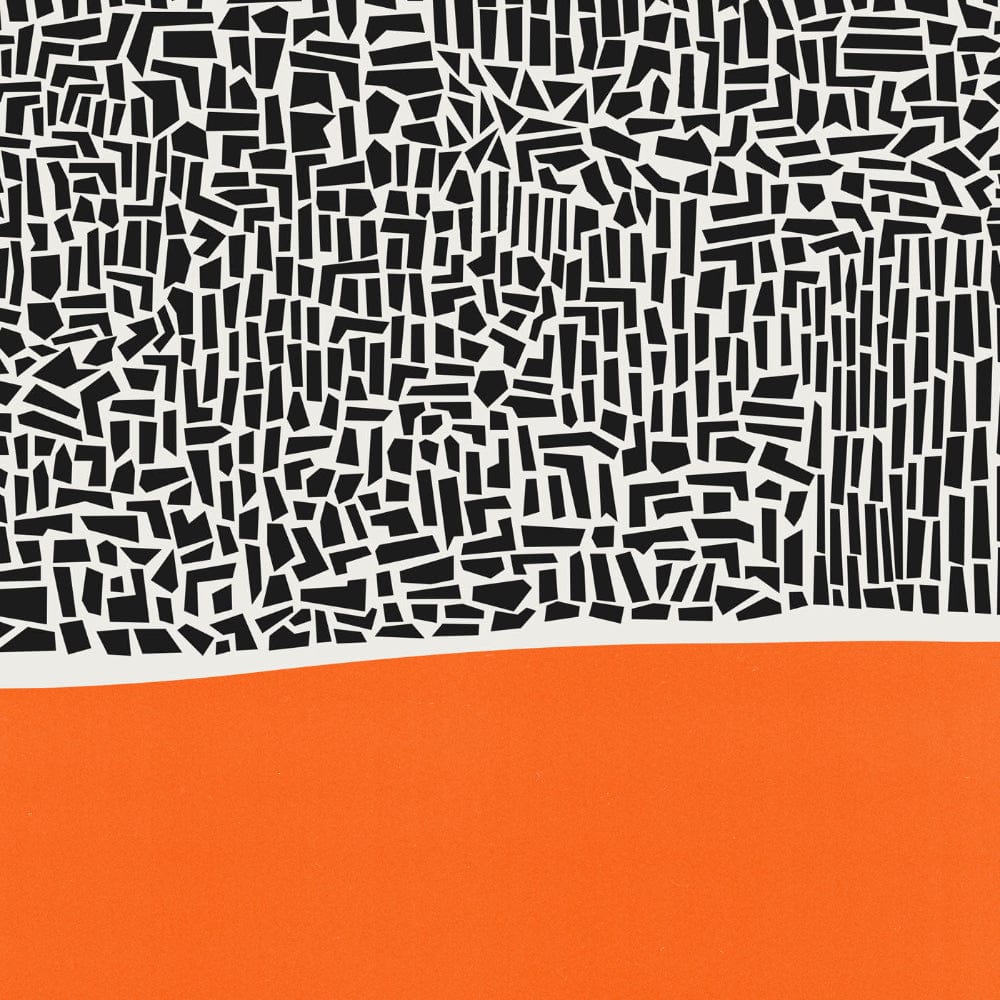 Detailed view of the abstract art print showing the black hand-drawn pattern paired with a solid orange form, highlighting the tactile, collage-inspired texture.