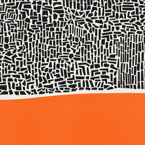 Detailed view of the abstract art print showing the black hand-drawn pattern paired with a solid orange form, highlighting the tactile, collage-inspired texture.
