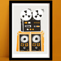 Framed retro Reel to Reel Player Print, tape deck illustration with bold black and orange speakers on a clean white background, displayed on an orange wall