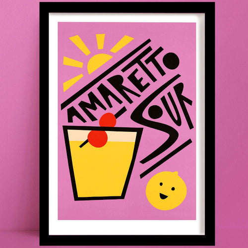 Amaretto Sour print with sunbeam graphics, bold angled type, and a cherry-topped glass on a cheerful lilac background.