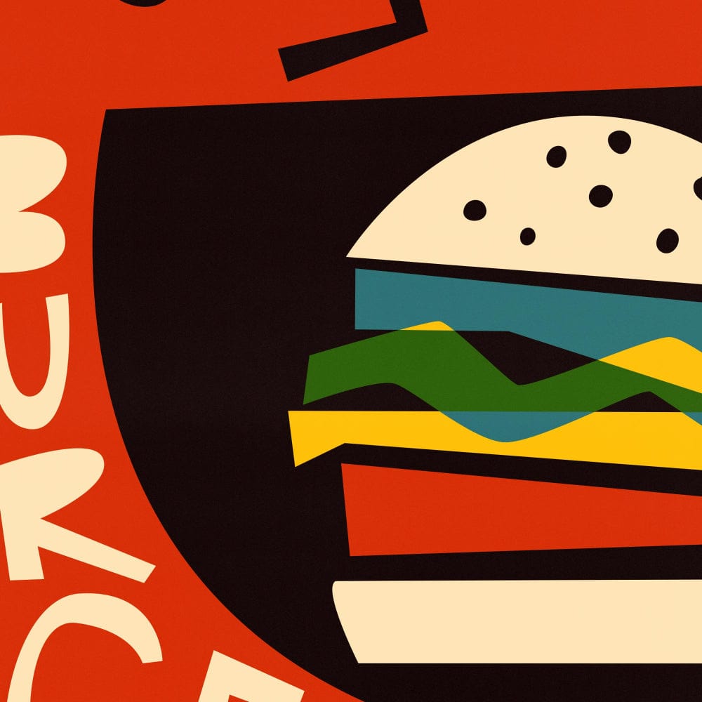 Close-up of the burger print showing vivid layers of cheese, lettuce, tomato, and bun with expressive black background and curved type.