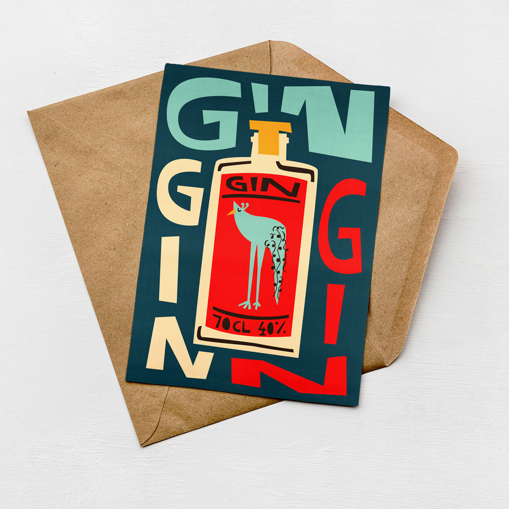 A colorful greeting card with a graphic of a bottle of gin and the text "GIN" prominently displayed.