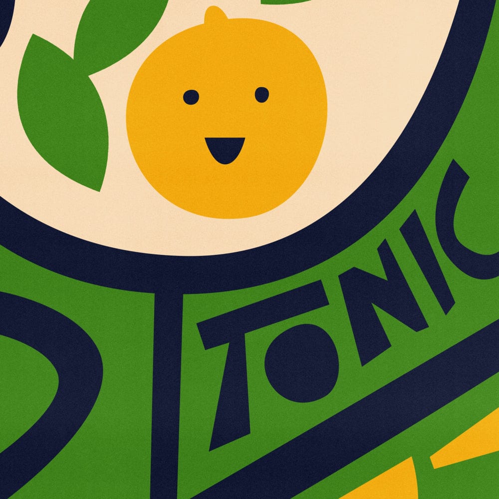Close-up of the Gin & Tonic print showing bold navy type and a cheerful citrus face nestled in abstract leaf shapes.