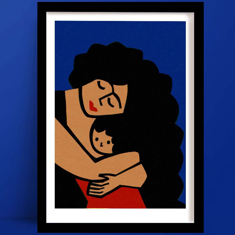 Mother and Baby print in a bold and tender illustration of a mother embracing her child, featuring rich black curls, closed eyes, and warm terracotta tones set against a deep blue backdrop.