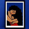 Mother and Baby print in a bold and tender illustration of a mother embracing her child, featuring rich black curls, closed eyes, and warm terracotta tones set against a deep blue backdrop.
