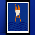 A wild swimming print is a bold graphic of diver mid-dive in white swimsuit and swim cap, set against deep blue waves