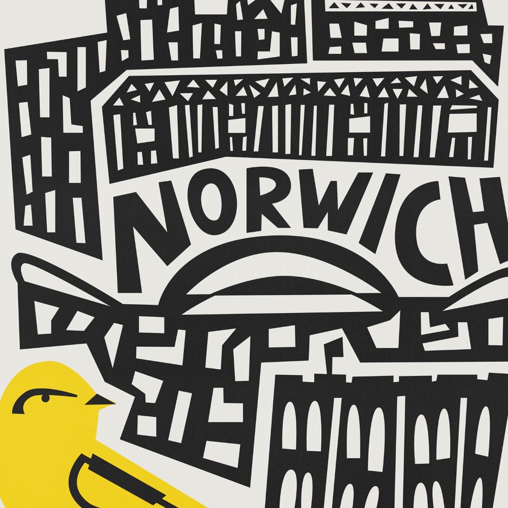 Close-up of Norwich skyline and curved lettering with bright yellow canary in corner.