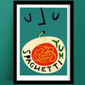 A spaghetti print in a playful style with a person slurping up spaghetti, with stylised facial features above a bold plate of tangled noodles and the word “YUM.”