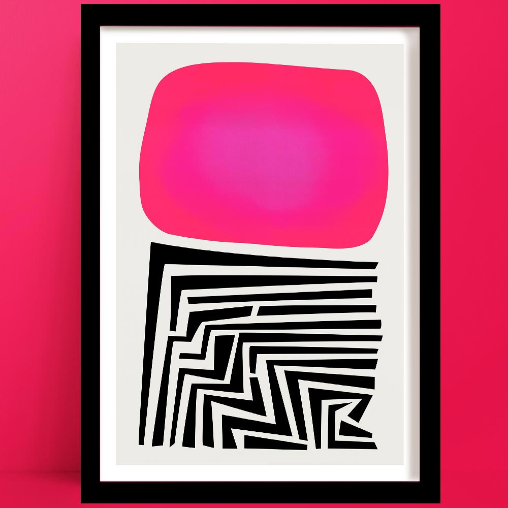 A Labyrinth Abstract Art Print in Vibrant pink and black, with maze-like labyrinth lines and soft edges, framed against a pink wall.