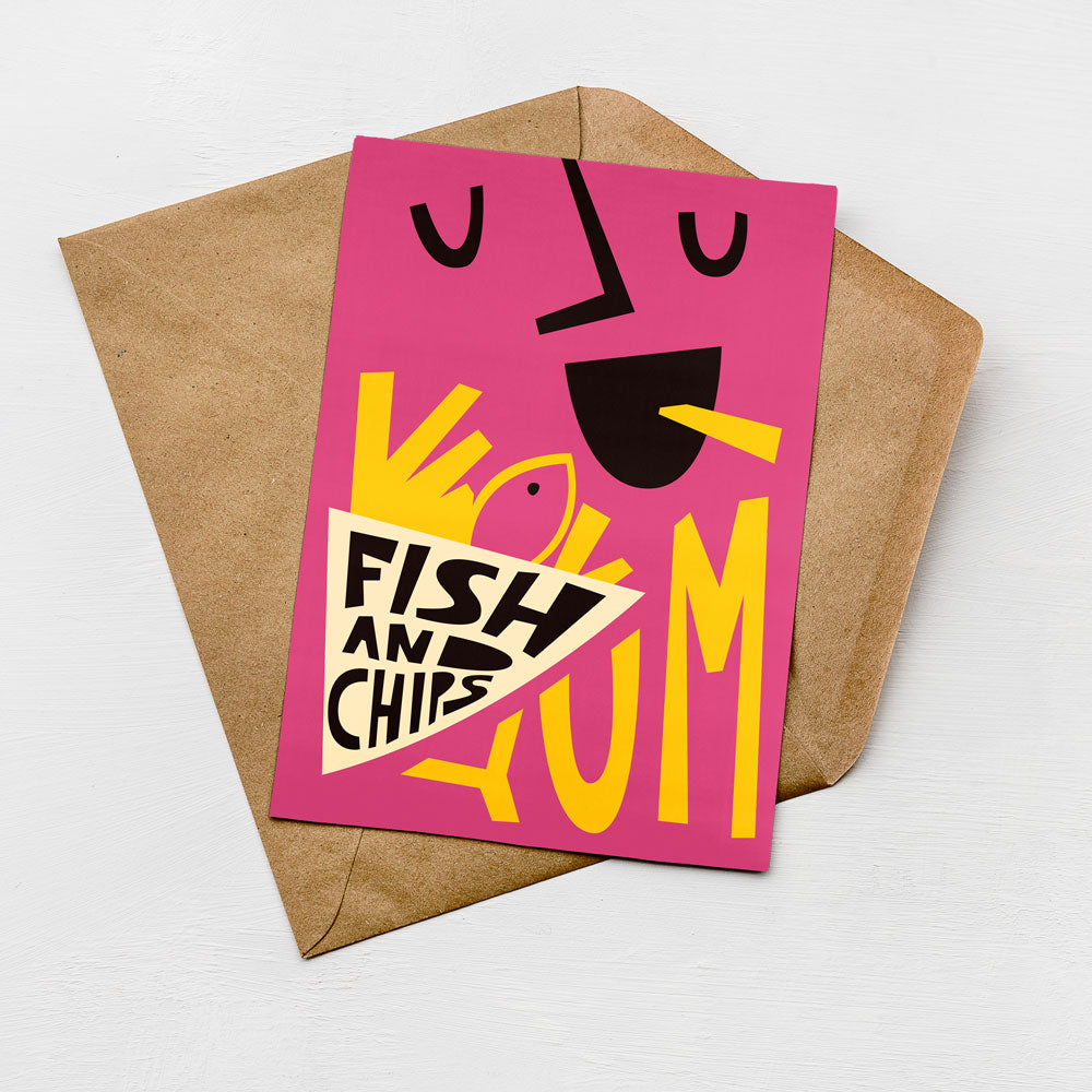 A colorful card with a pink background and bold text, including the words "FISH AND CHIPS" and "LUMIN".