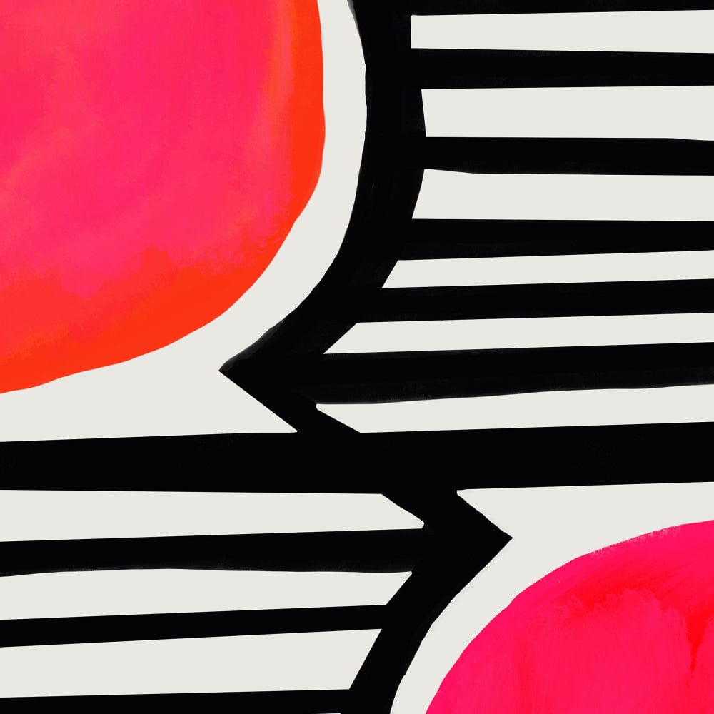 Detail of abstract print showing sharp black stripes cutting across soft-edged coral shapes.