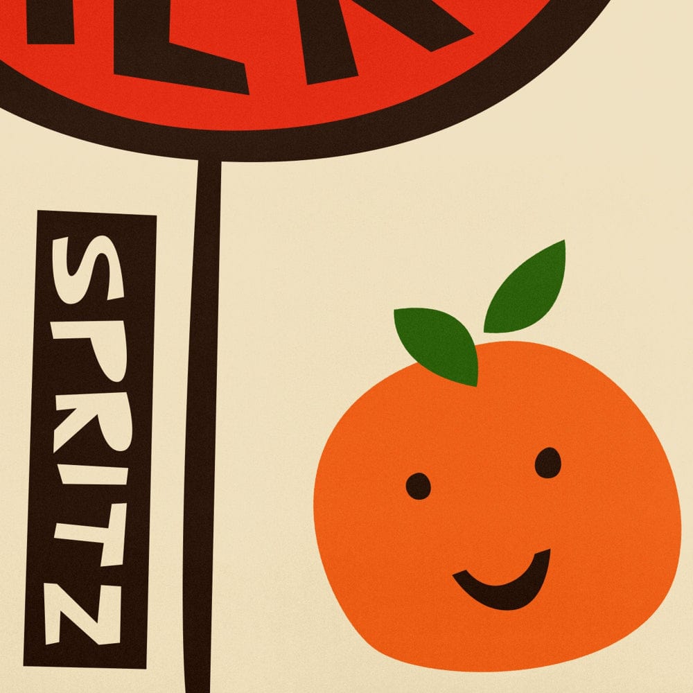Close-up detail of a smiling orange and bold text design from the Aperol Spritz print.
