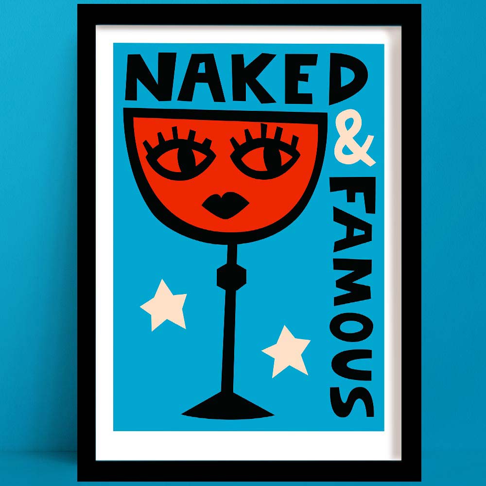 A Naked & Famous Cocktail Print is a Bold and playful illustration of a Naked & Famous cocktail, featuring a vivid red glass with a stylised face and dramatic lashes, set against a rich blue background.