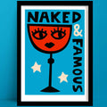 A Naked & Famous Cocktail Print is a Bold and playful illustration of a Naked & Famous cocktail, featuring a vivid red glass with a stylised face and dramatic lashes, set against a rich blue background.