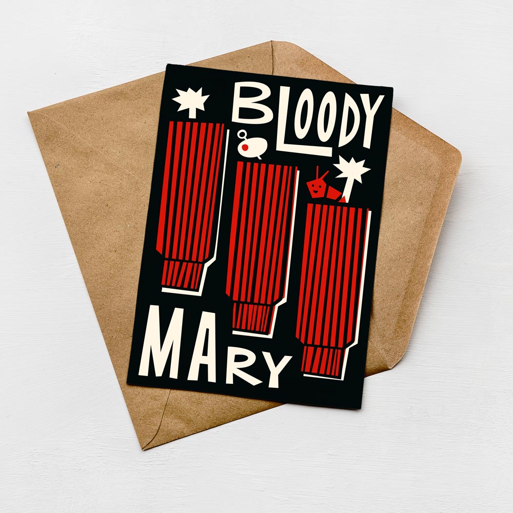 A greeting card with the text "BLOODY MARY" printed on it, along with a design featuring red and black striped objects.