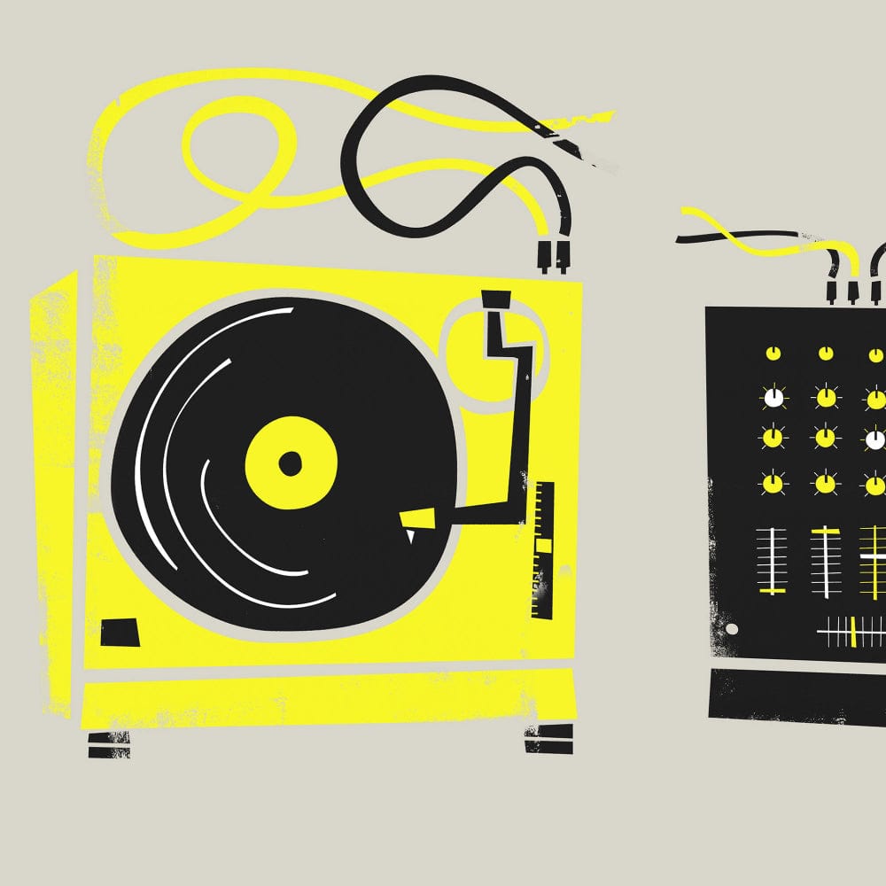 Close-up of yellow DJ turntable and mixer illustration with bold black and grey details
