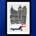 A monochrome Birmingham print illustration, featuring bold architectural linework and a red, white, and blue double-decker bus.