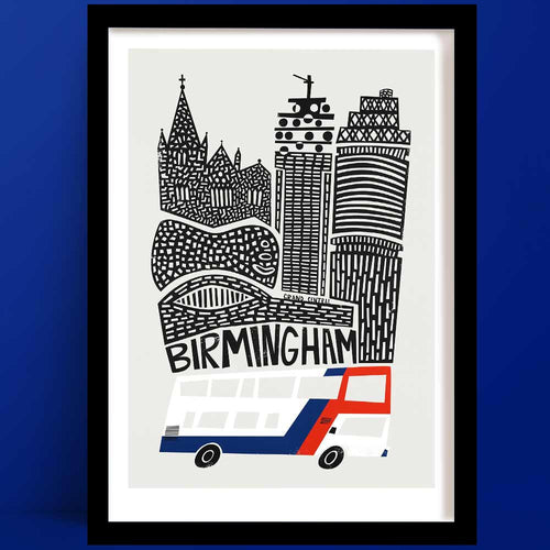A monochrome Birmingham print illustration, featuring bold architectural linework and a red, white, and blue double-decker bus.