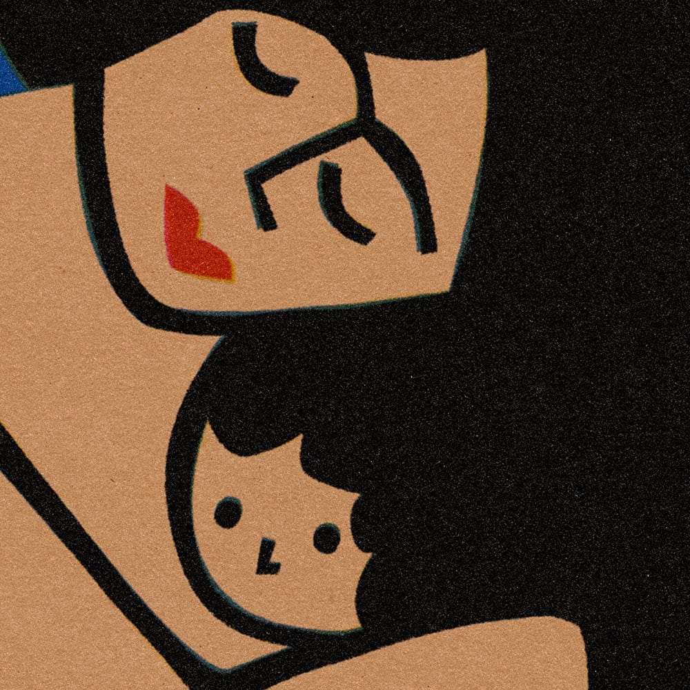 A close-up showing the mother’s serene expression and protective gesture, alongside the child’s peaceful face, rendered in graphic shapes and warm muted colours.