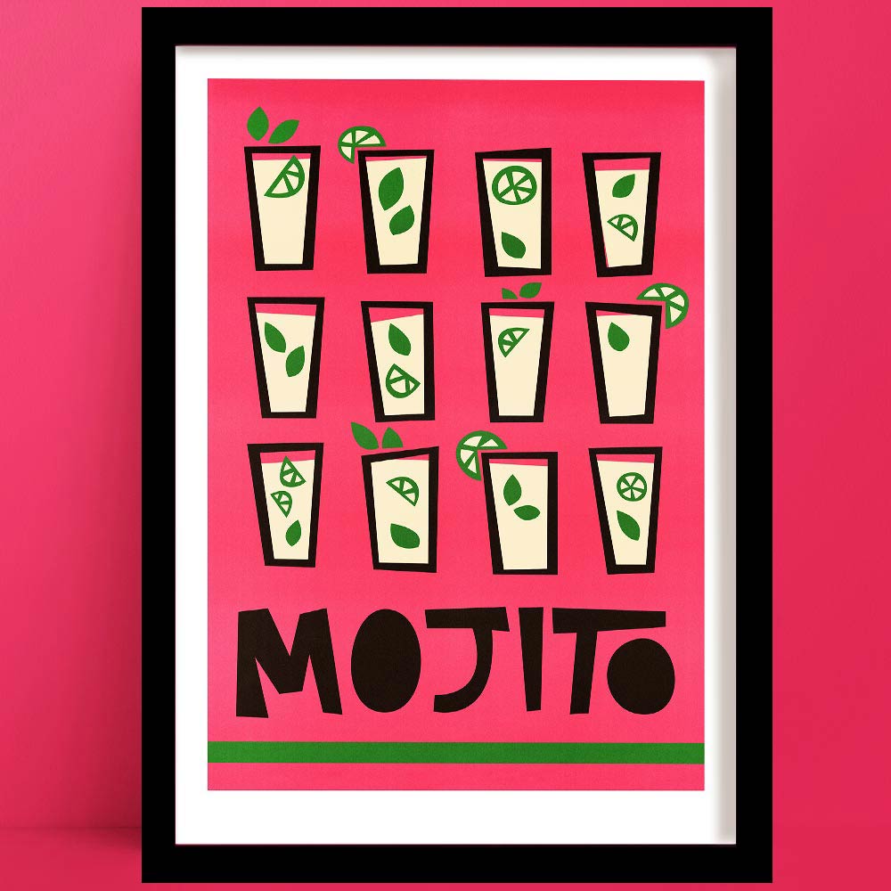 Mojito print featuring twelve stylised glasses with lime and mint on a bold pink background, framed on a matching pink wall.