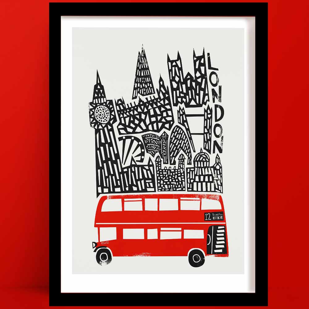 Our London Poster Illustrated, with a bold red Routemaster bus in the foreground, surrounded by iconic landmarks including Big Ben, Tower Bridge, and the Gherkin.
