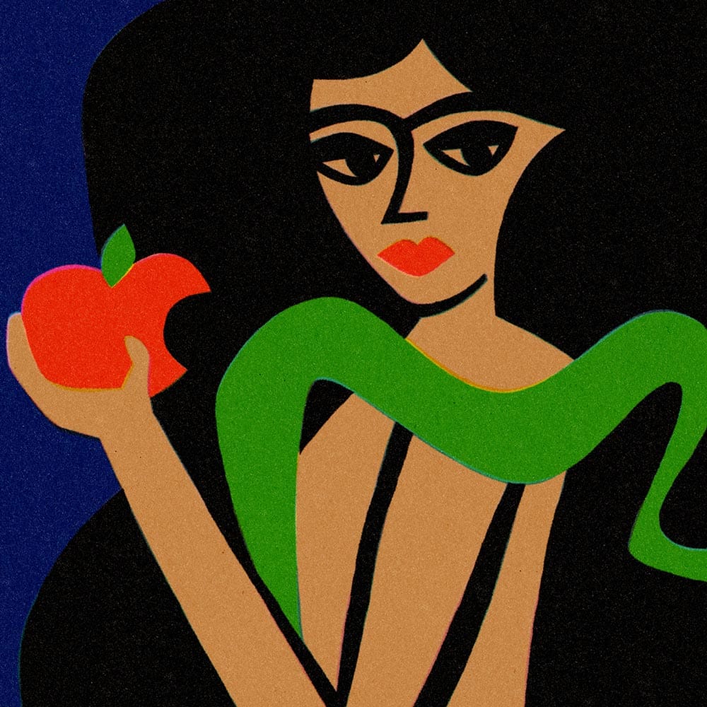 Close-up of Eve’s face with black hair, red apple and vivid green snake, mid-century style