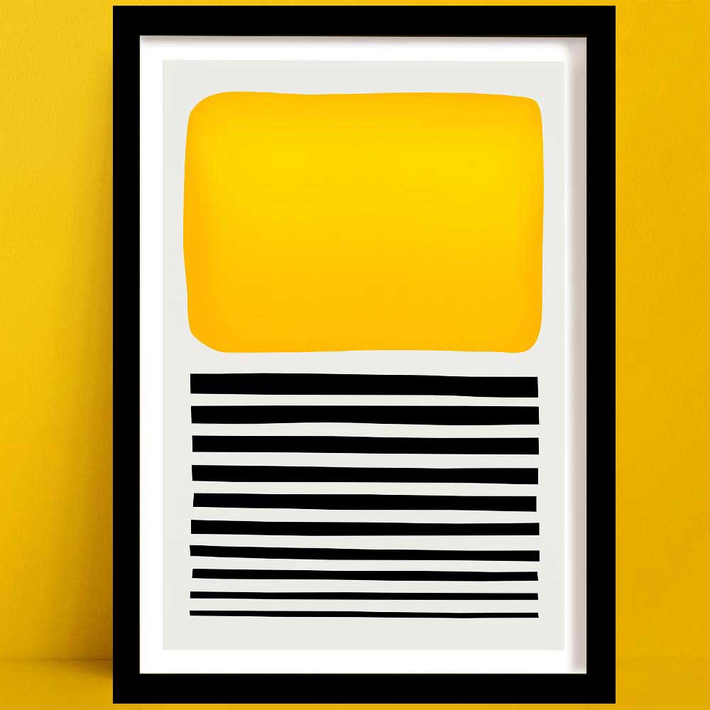 Sticks in the Sand abstract art print a bold abstract print with yellow block and black stripes, framed and set against yellow wall