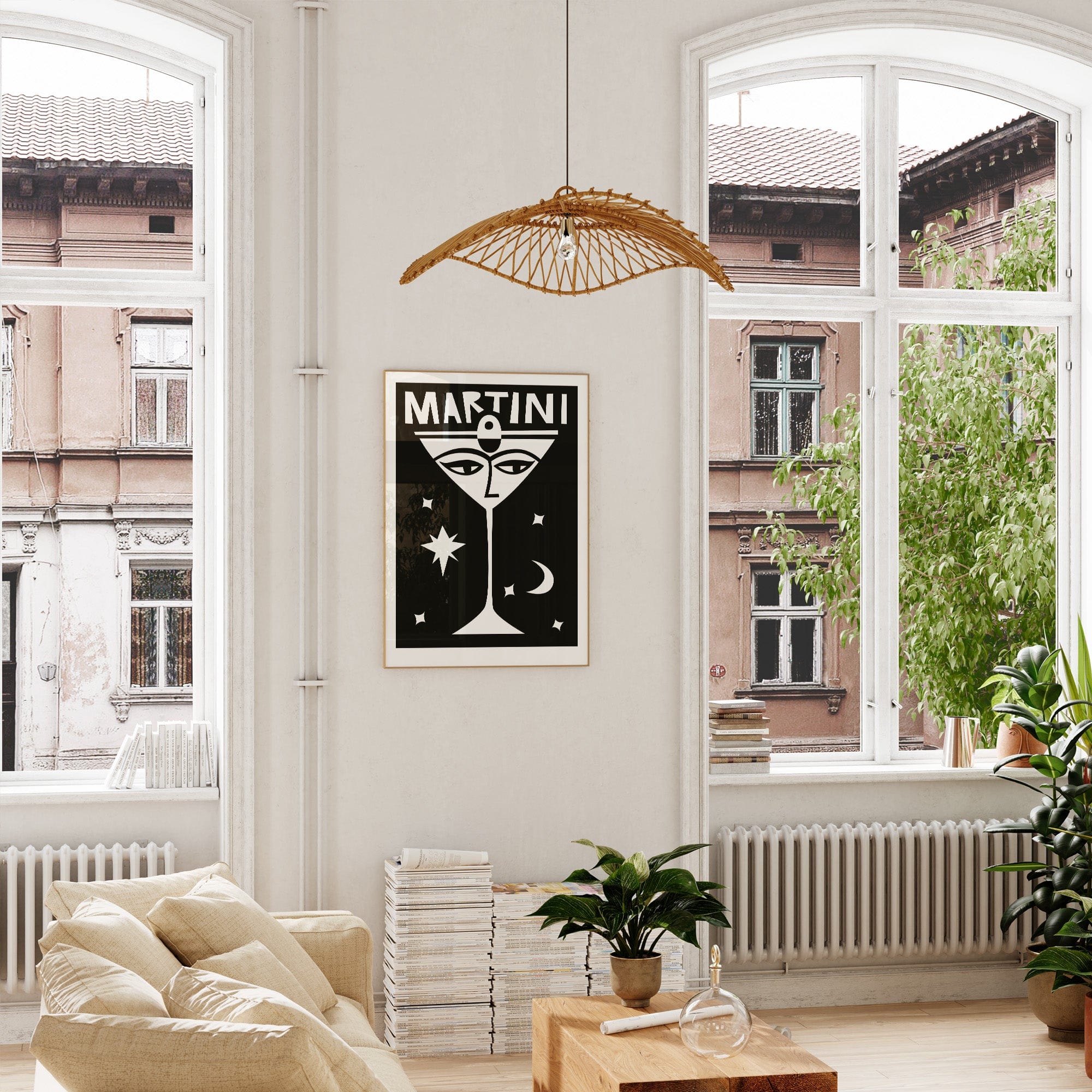 Framed Martini artwork displayed in a soft-toned living room, adding a touch of surreal glamour and cocktail culture charm to the modern setting.