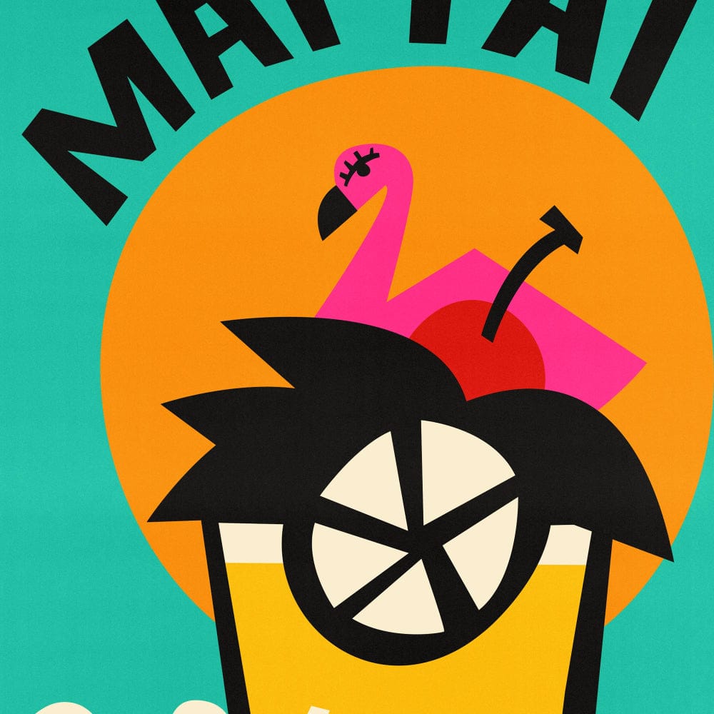 A close-up showing the flamingo swizzle stick, fan-like black umbrella, and citrus wheel details, framed against a bright tangerine sun—perfect for lovers of punchy mid-century pop style.