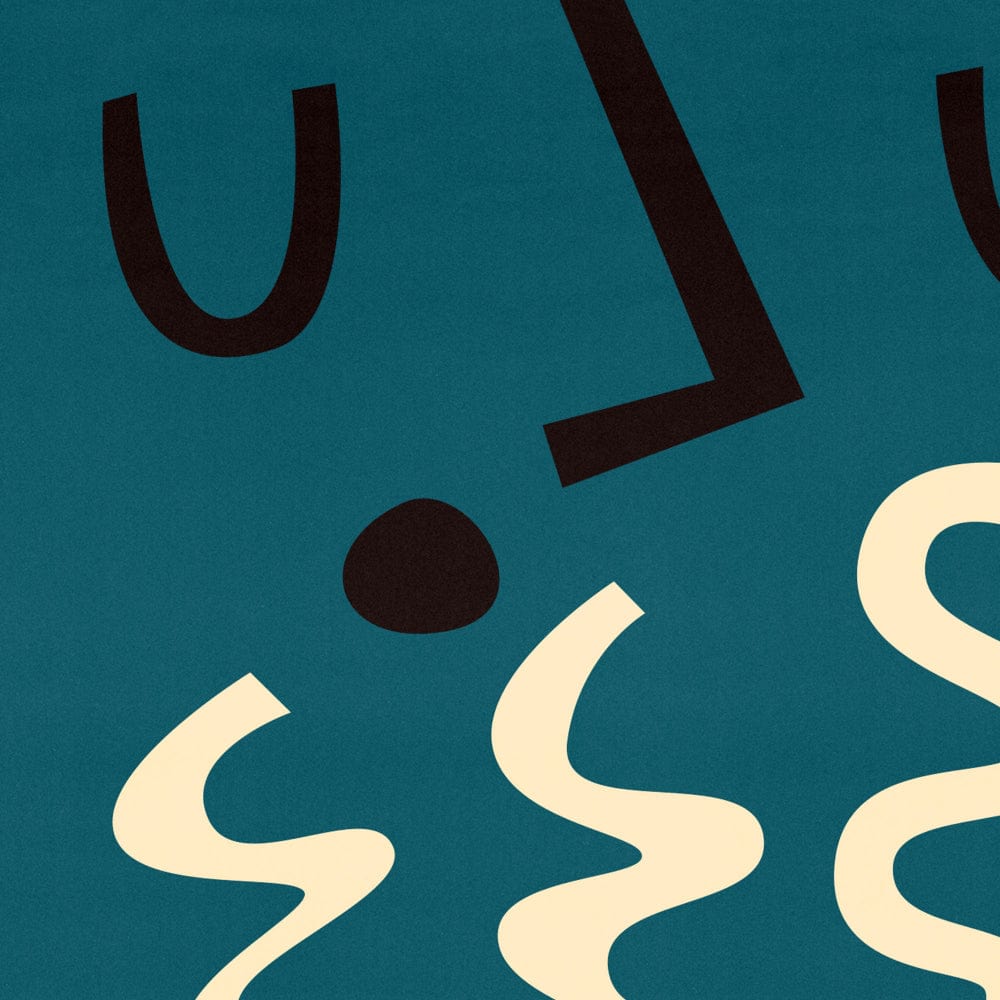 Detail of a graphic face with closed eyes and whimsical steam swirls from a cup below.