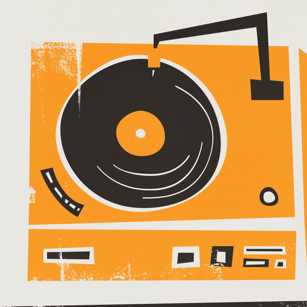 Close-up of the bold black vinyl and orange turntable, showcasing distressed textures and playful angles in this graphic music lover’s dream.