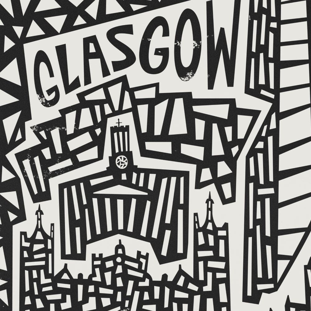 Zoomed-in section of the Glasgow artwork showing playful hand-drawn lettering and stylised buildings like the City Chambers and the SEC Armadillo.