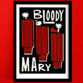 A Bloody Mary print featuring a bold, graphic illustration of three Bloody Mary glasses with vertical red stripes, each topped with cocktail garnishes including an olive, celery, and a cherry tomato.