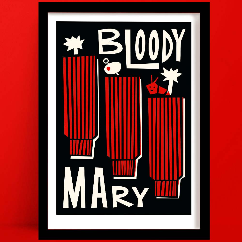 A Bloody Mary print featuring a bold, graphic illustration of three Bloody Mary glasses with vertical red stripes, each topped with cocktail garnishes including an olive, celery, and a cherry tomato.