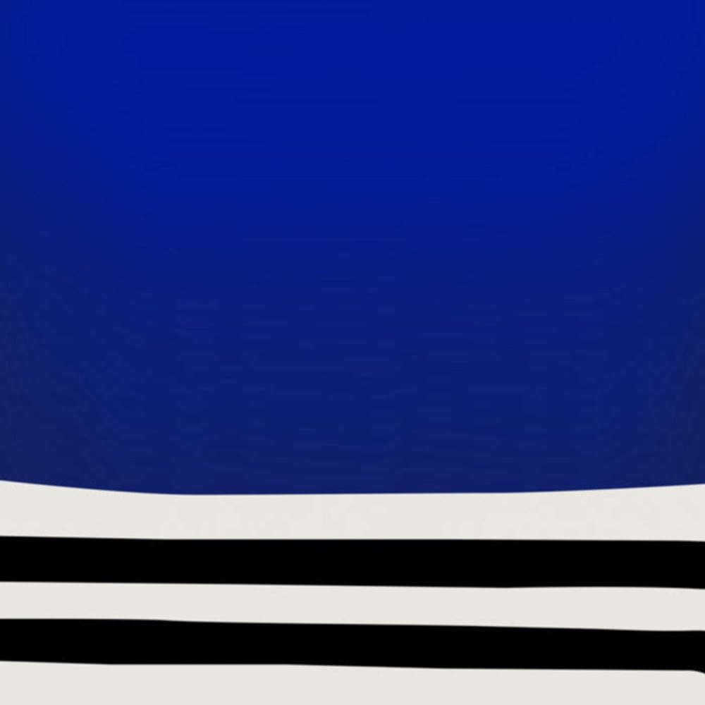 Close-up of cobalt blue block and curved black linework on white background