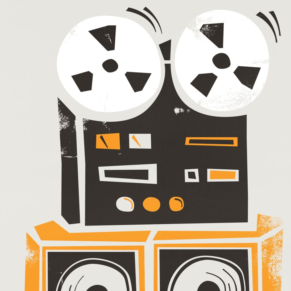 Close-up of the illustrated reel-to-reel machine with detailed spools, control panel, and stacked speakers in black, white, and orange