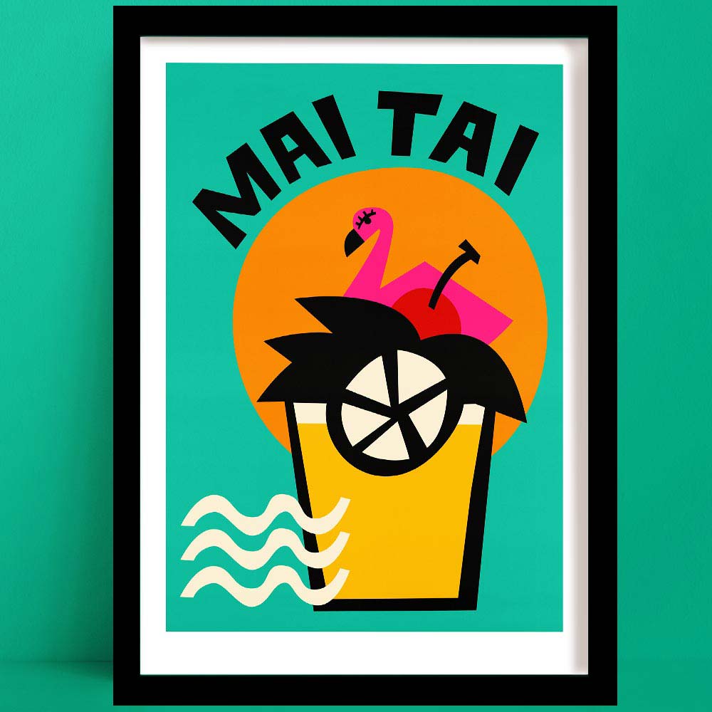A vibrant Mai Tai print of a stylised Mai Tai glass bursting with tropical flair—complete with a citrus slice, umbrella, pink flamingo stirrer, and a bold orange sun backdrop.