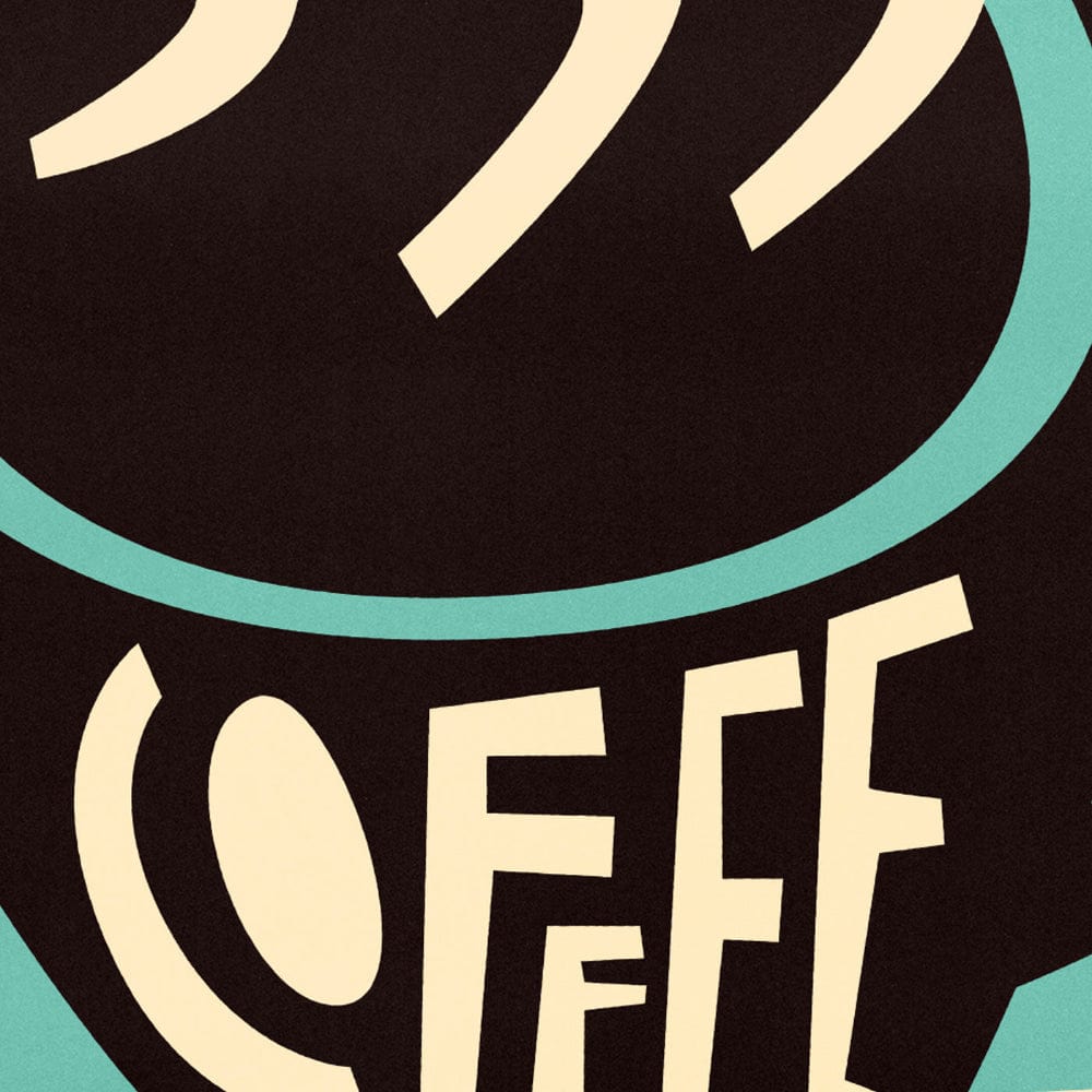 Zoomed-in section of the print showing the ‘COFFEE’ lettering inside the cup with steam rising above.