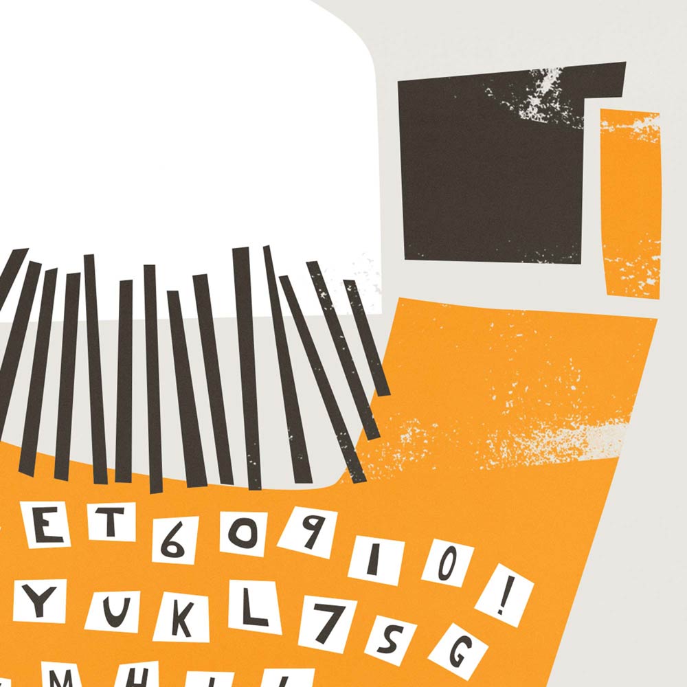 Typewriter design with black and white stripes, orange square, and scattered letters on a white background