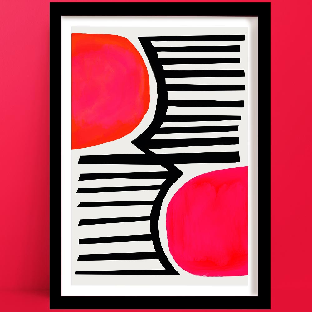 Sunset Shadows Abstract Print featuring pink circular forms intersected by bold black stripes on a clean white backdrop.