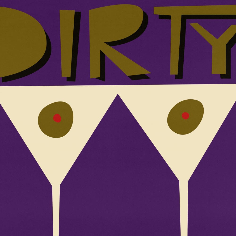 Close-up of the Dirty Martini print showing sleek martini silhouettes, green olives with red pimento, and bold block lettering.