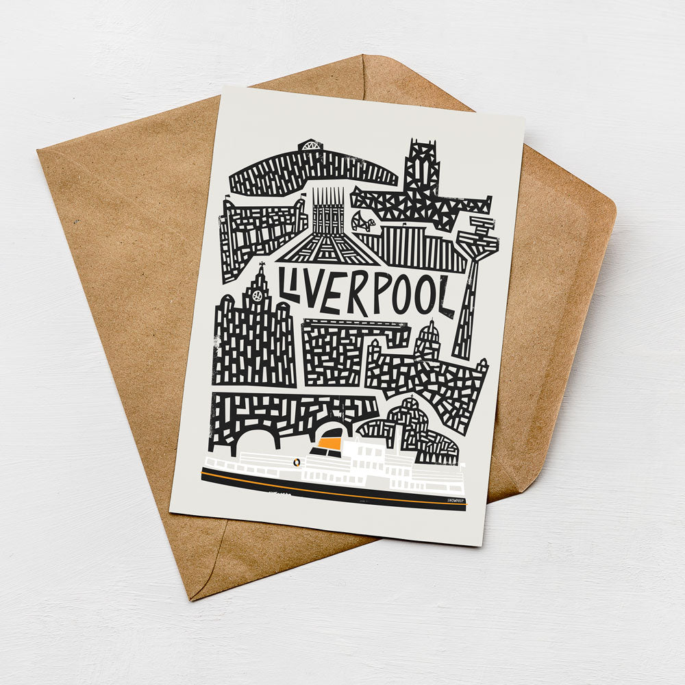 a card with a black and white illustration of a cityscape, including various buildings and landmarks, along with the word "LIVERPOOL" prominently displayed.