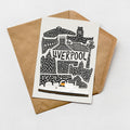 a card with a black and white illustration of a cityscape, including various buildings and landmarks, along with the word "LIVERPOOL" prominently displayed.