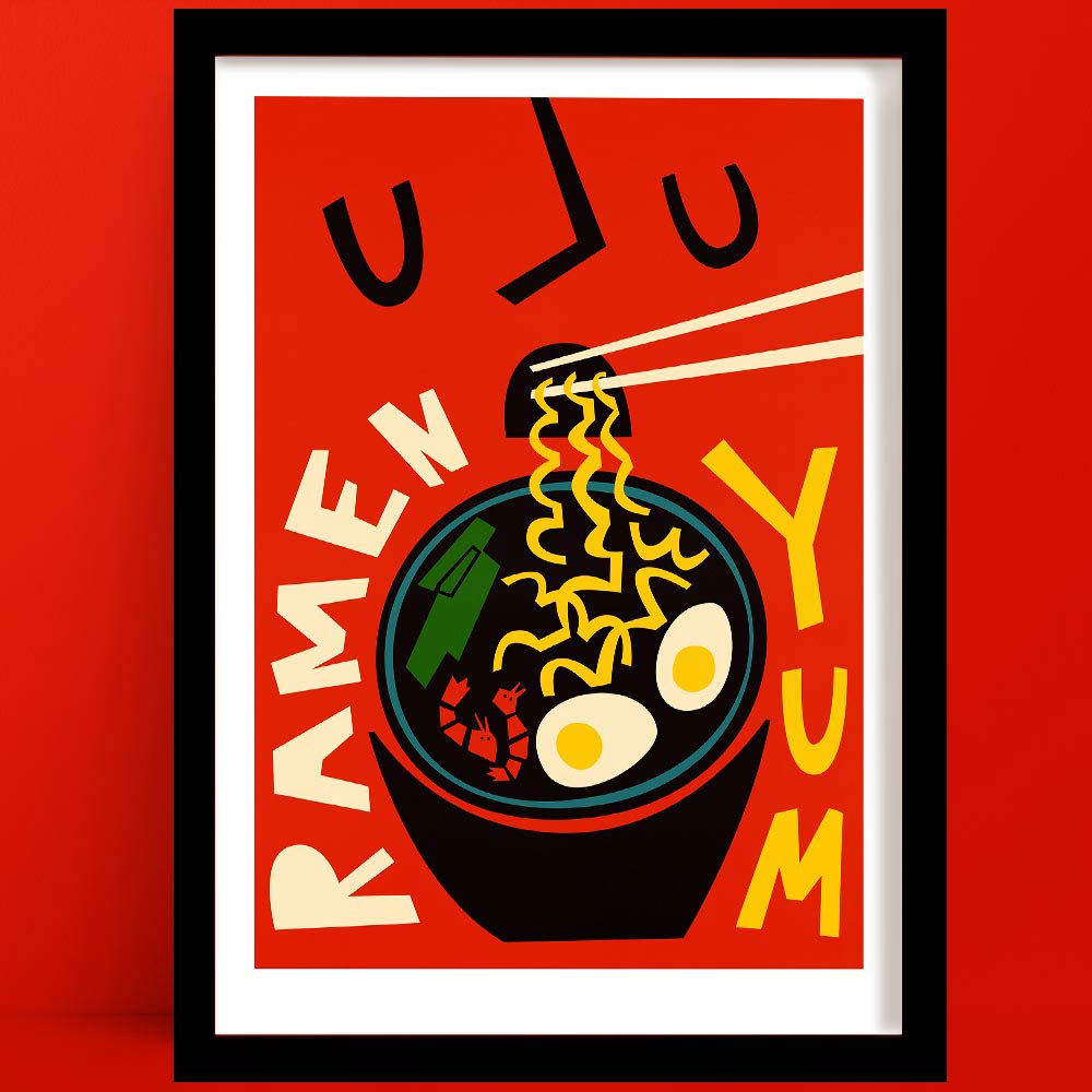 A ramen print in a Bold red style, featuring a stylised bowl of ramen with floating face above, chopsticks, and “YUM” text.